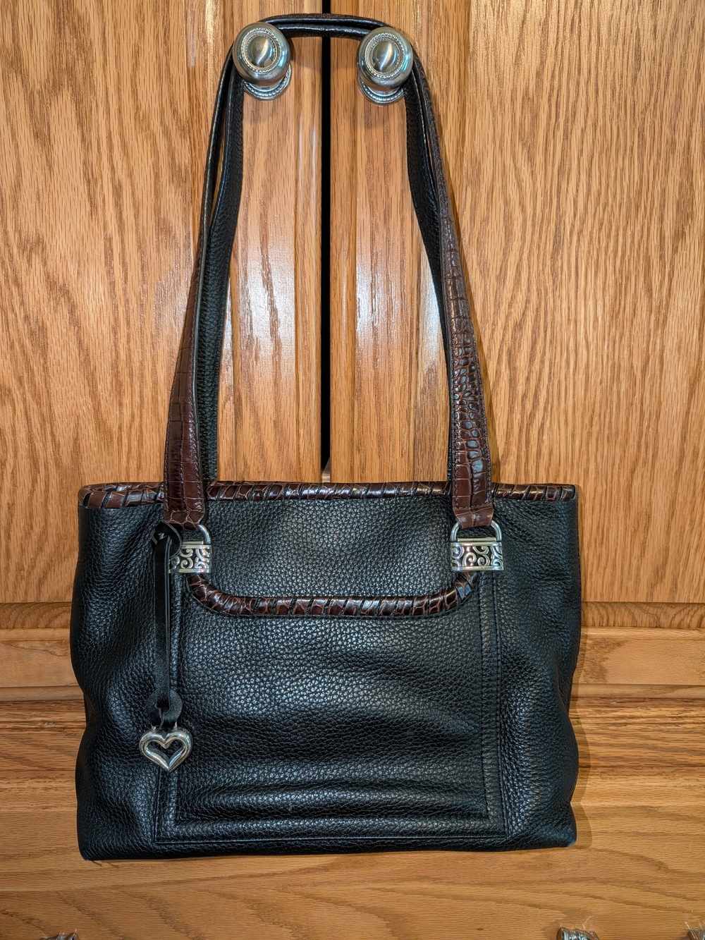 Brighton Black Leather Tote Bag with Brown Trim
